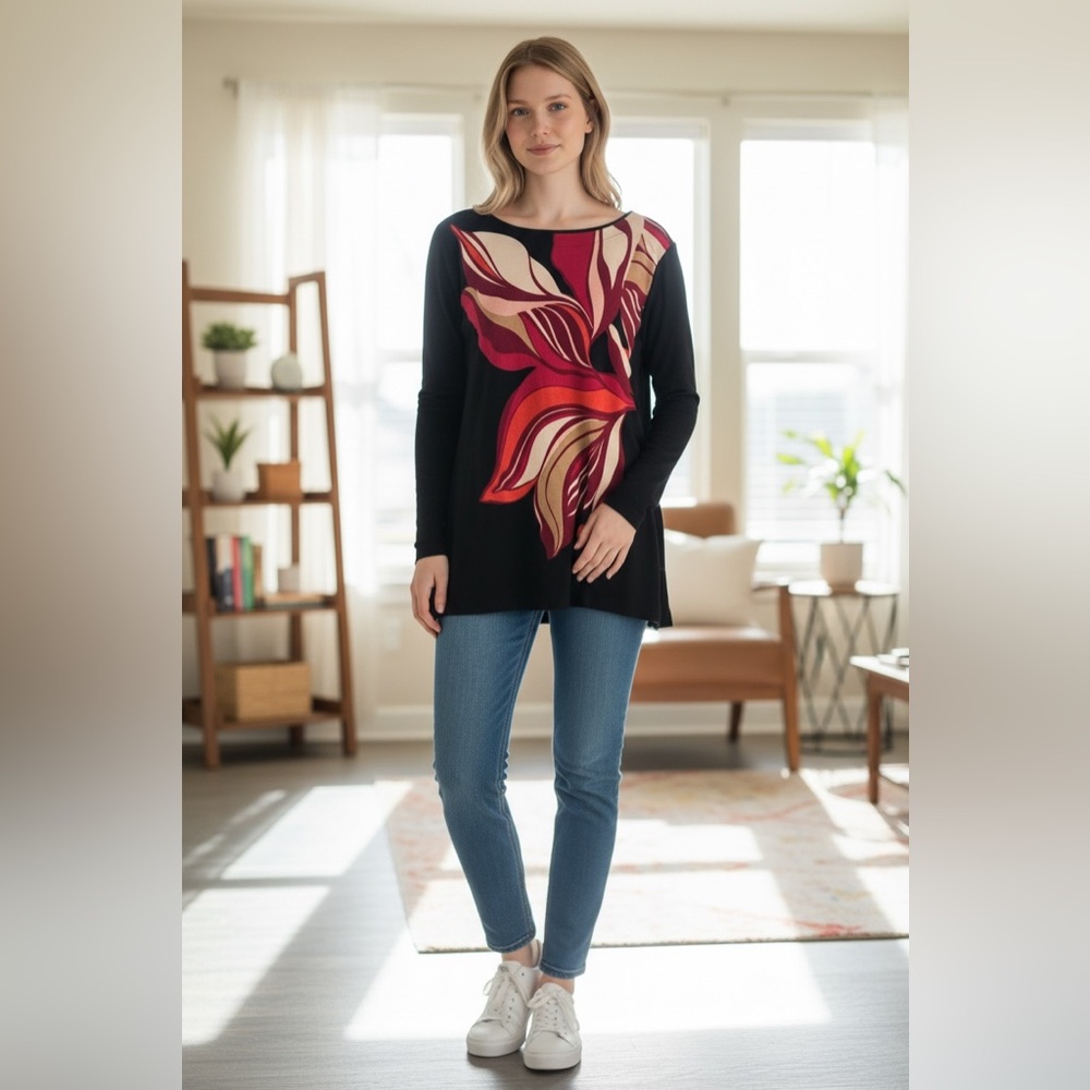 CHICO's knit top, Colorful red floral design on black, size 2 (L)